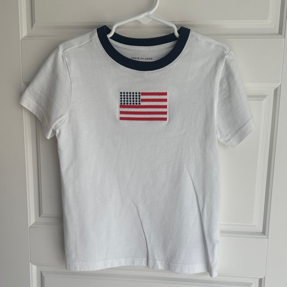 Janie and Jack White Tee with American Flag and Navy Collar